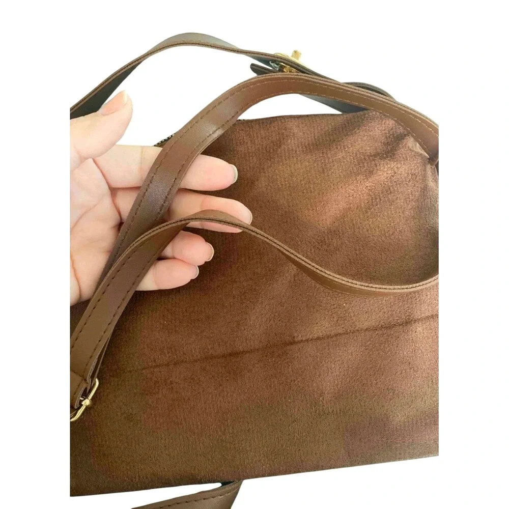 Brown Faux Suede Hobo Crossbody Bag Gold Hardware Slouchy Shoulder Handbag‎
